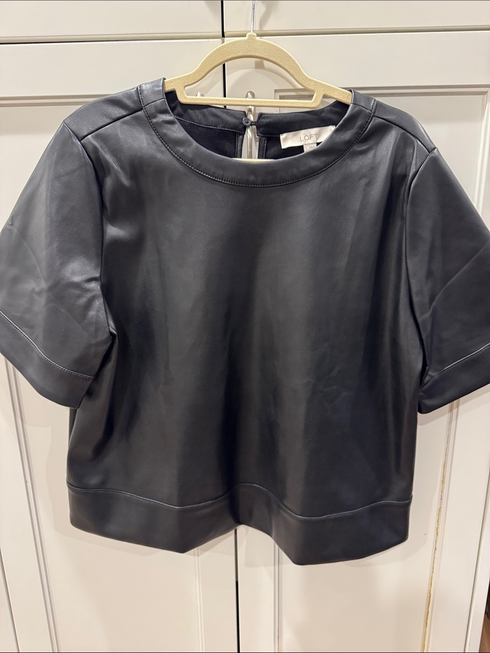 LOFT Black Faux Leather Short Sleeve Crewneck Top